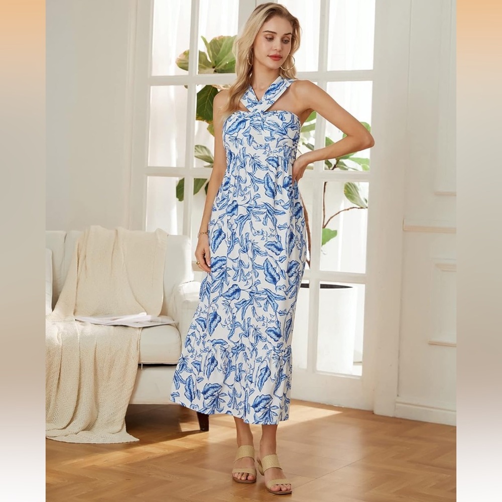 ⭐️ NEW Grace Karin Small Criss Cross Halterneck Blue White Flowy Maxi Dress